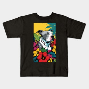 American Staffordshire Terrier PitBull Dog Vibrant Tropical Flower Tall Retro Vintage Digital Pop Art Portrait 8 Kids T-Shirt